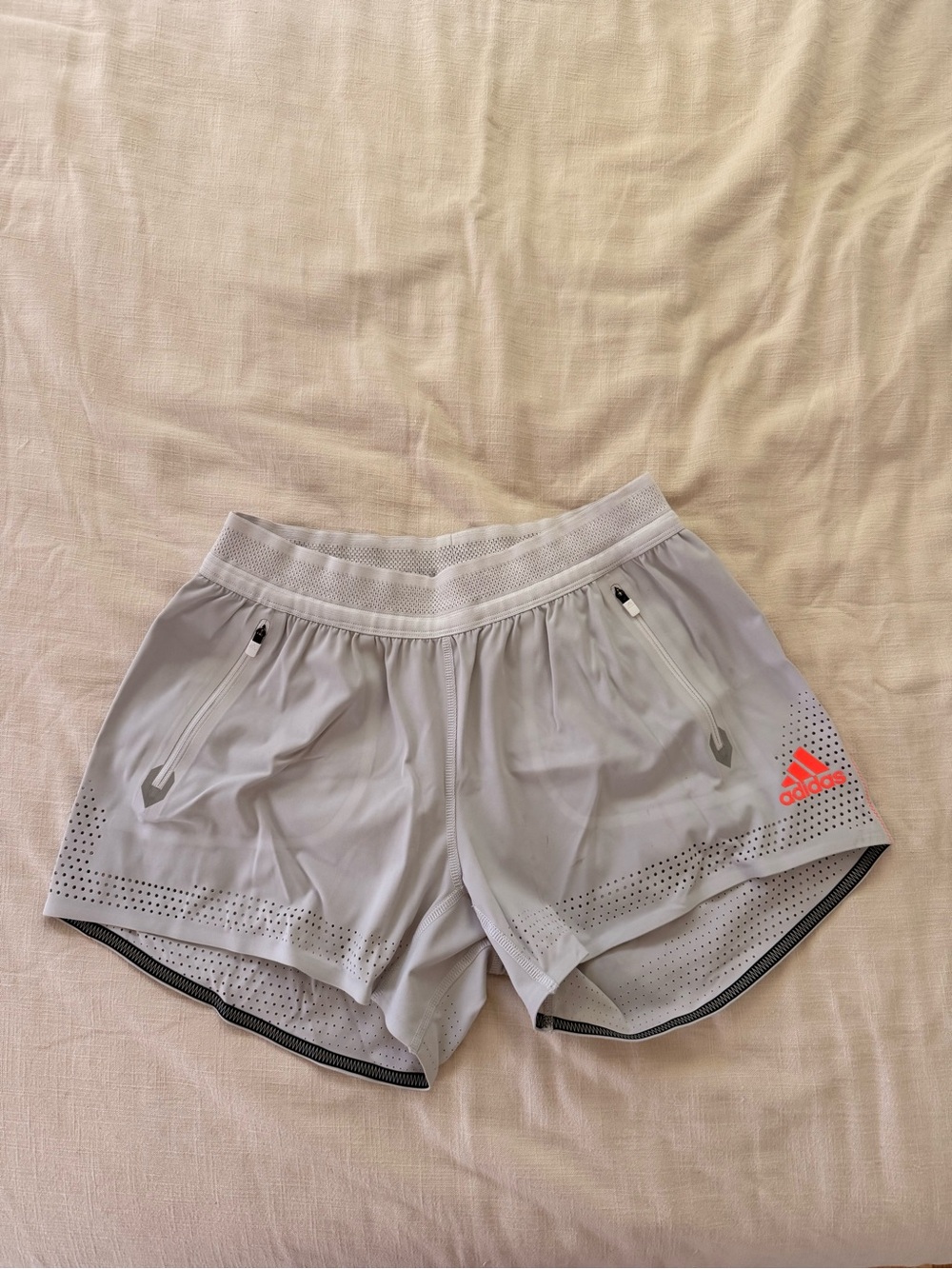 Adidas Women's Light Gray Athletic Shorts with Coral Logo